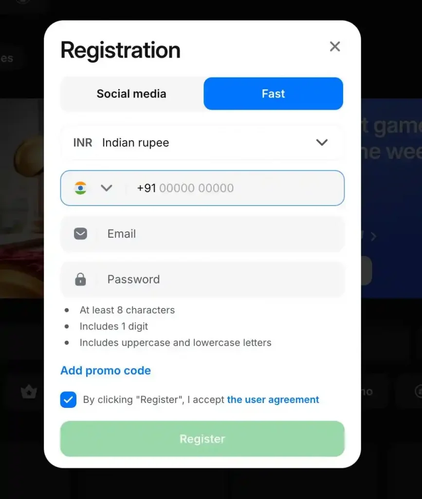 1win India registration form with phone and email login options