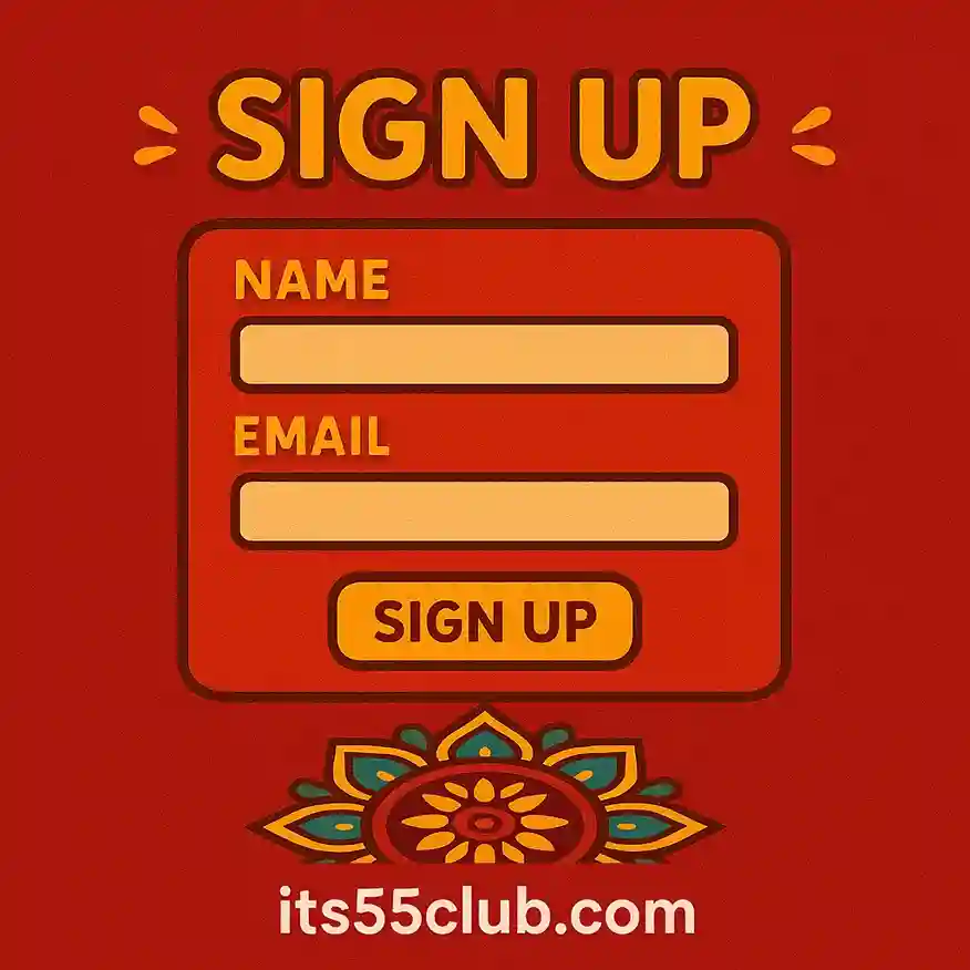 Playful cartoon signup form with red background and Indian rangoli design for 55 Club register page