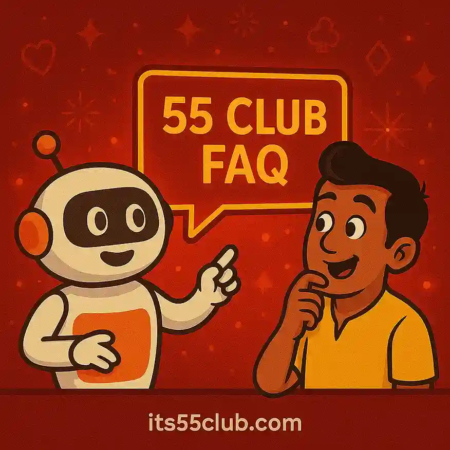 Cartoon support chatbot explaining 55 Club FAQ to user in bright red festive casino style