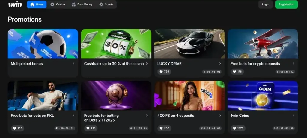 1win promotions hub with cashback, free bets and deposit bonuses