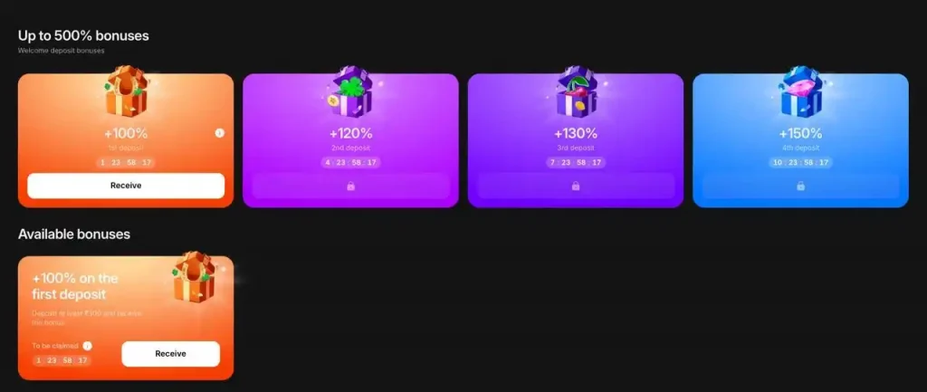 1win bonus page with 500% deposit bonuses and free spins