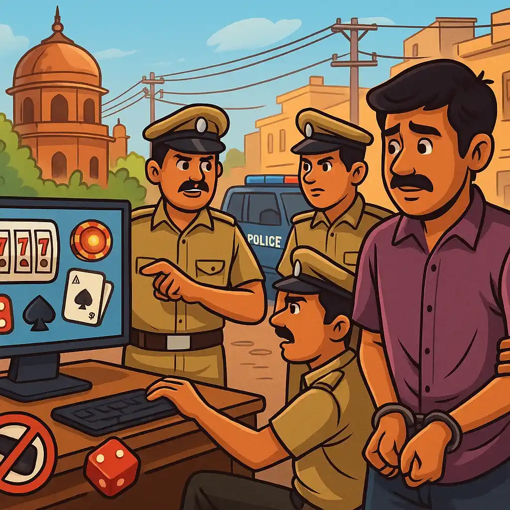 दिल्ली पुलिस द्वारा अवैध ऑनलाइन जुआ ऐप्स का भंडाफोड़ करने का कार्टून-शैली का चित्रण