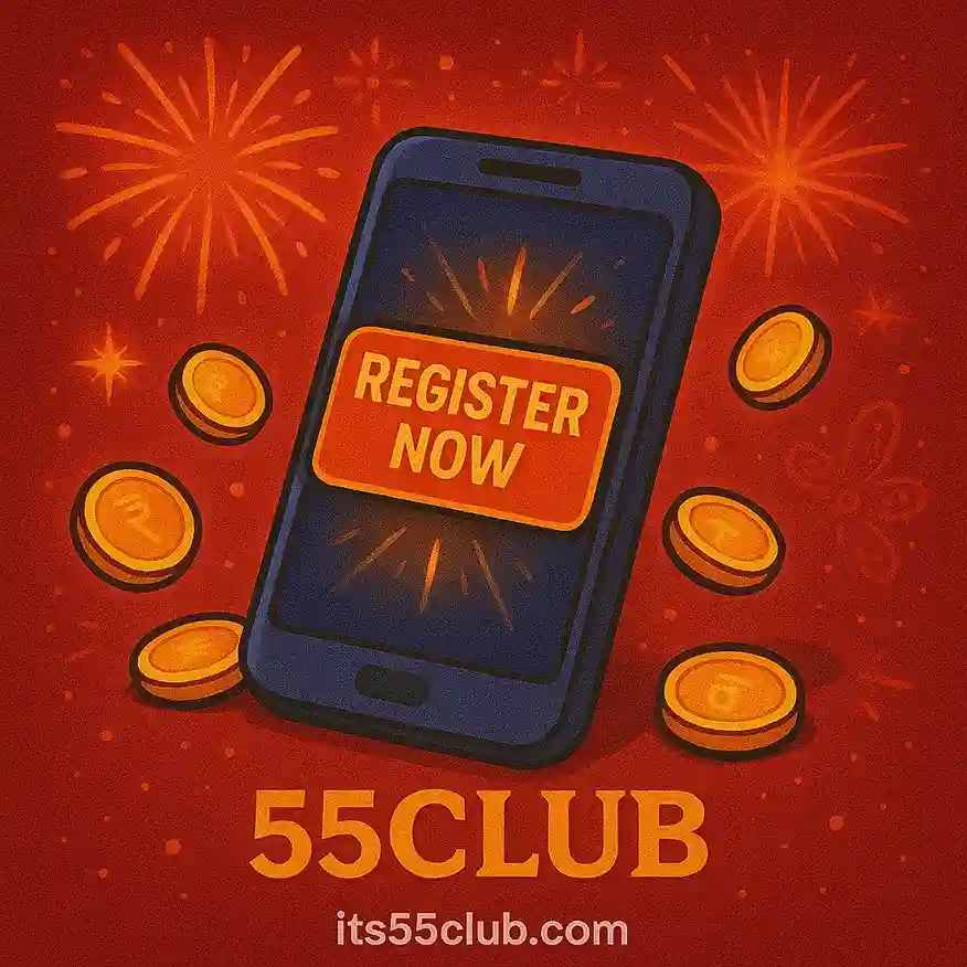 Cartoon smartphone with shining Register Now button, coins and fireworks around 55 Club branding