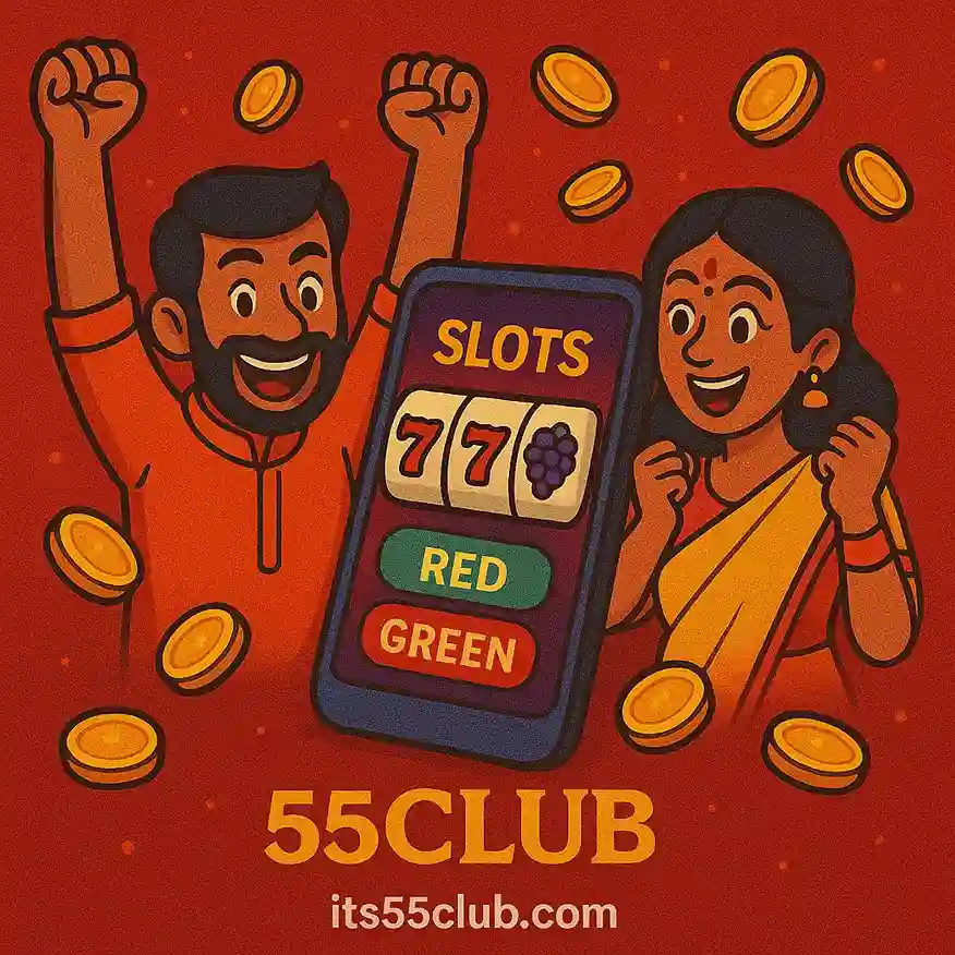 Мультяшные индийские игроки радуются, играя в слоты 55 Club и цветные предсказания на светящемся красном фоне с разлетающимися монетами.