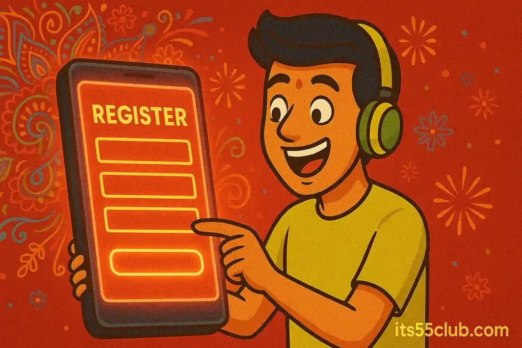 Cartoon Indian player registering 55 Club account on mobile with glowing red festive background
