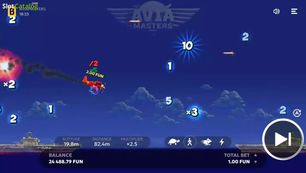 Aviamasters slot showing red plane flying over ocean with multipliers