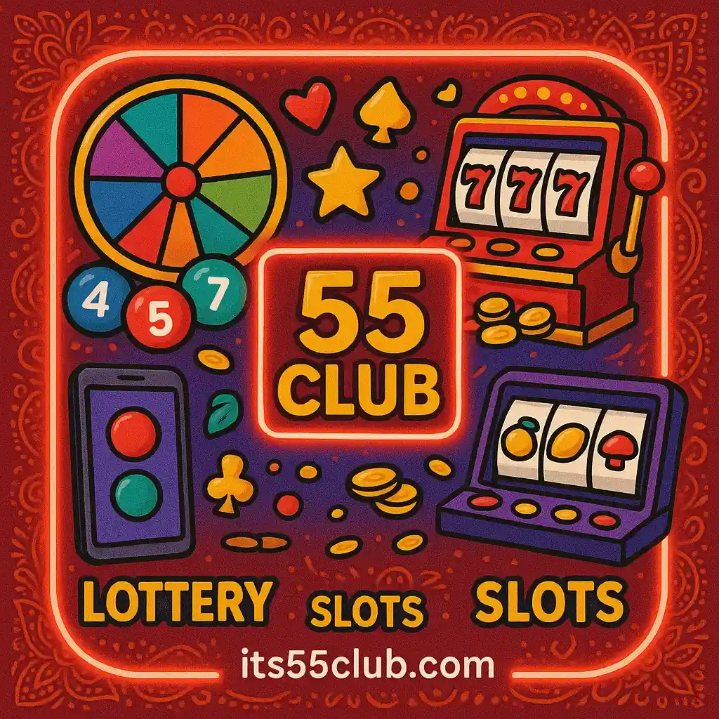 Cartoon collage of 55 Club games including lottery, colour prediction and slots in red neon style