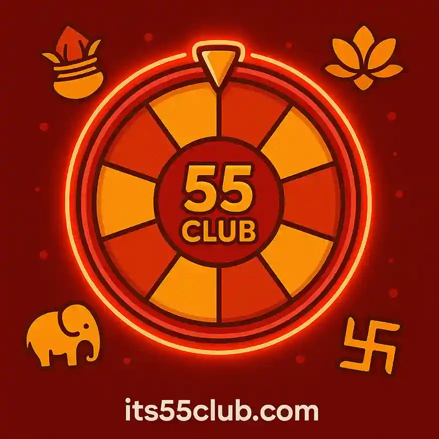Мультяшное игровое колесо с логотипом 55 Club, неоновым красным свечением и индийскими символами талисмана удачи вокруг