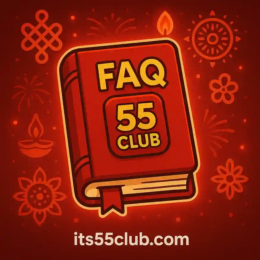 Cartoon FAQ book glowing red with 55 Club logo and Indian festive elements around