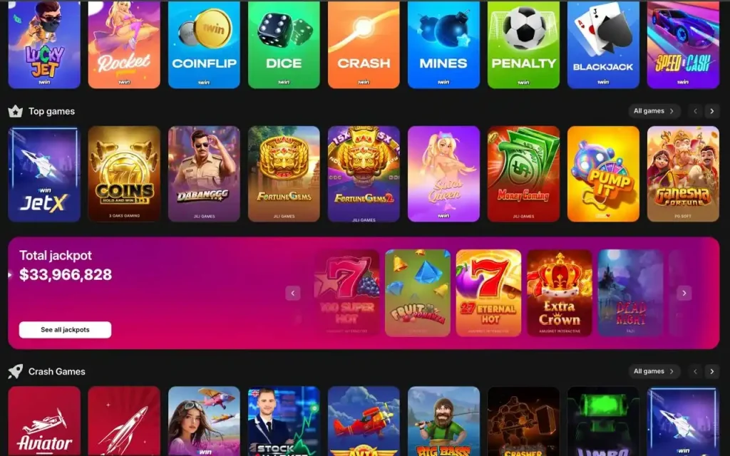 1win slot section featuring Coinflip, Dice, Mines and other popular games