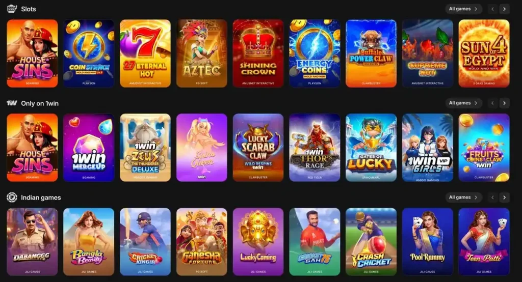 1win slot games library with colorful titles and categories