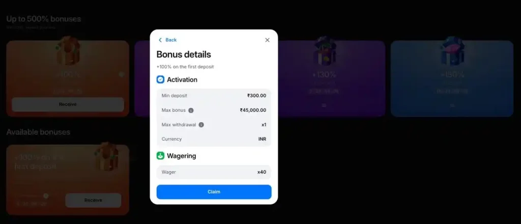 1win bonus details showing minimum deposit and wagering conditions