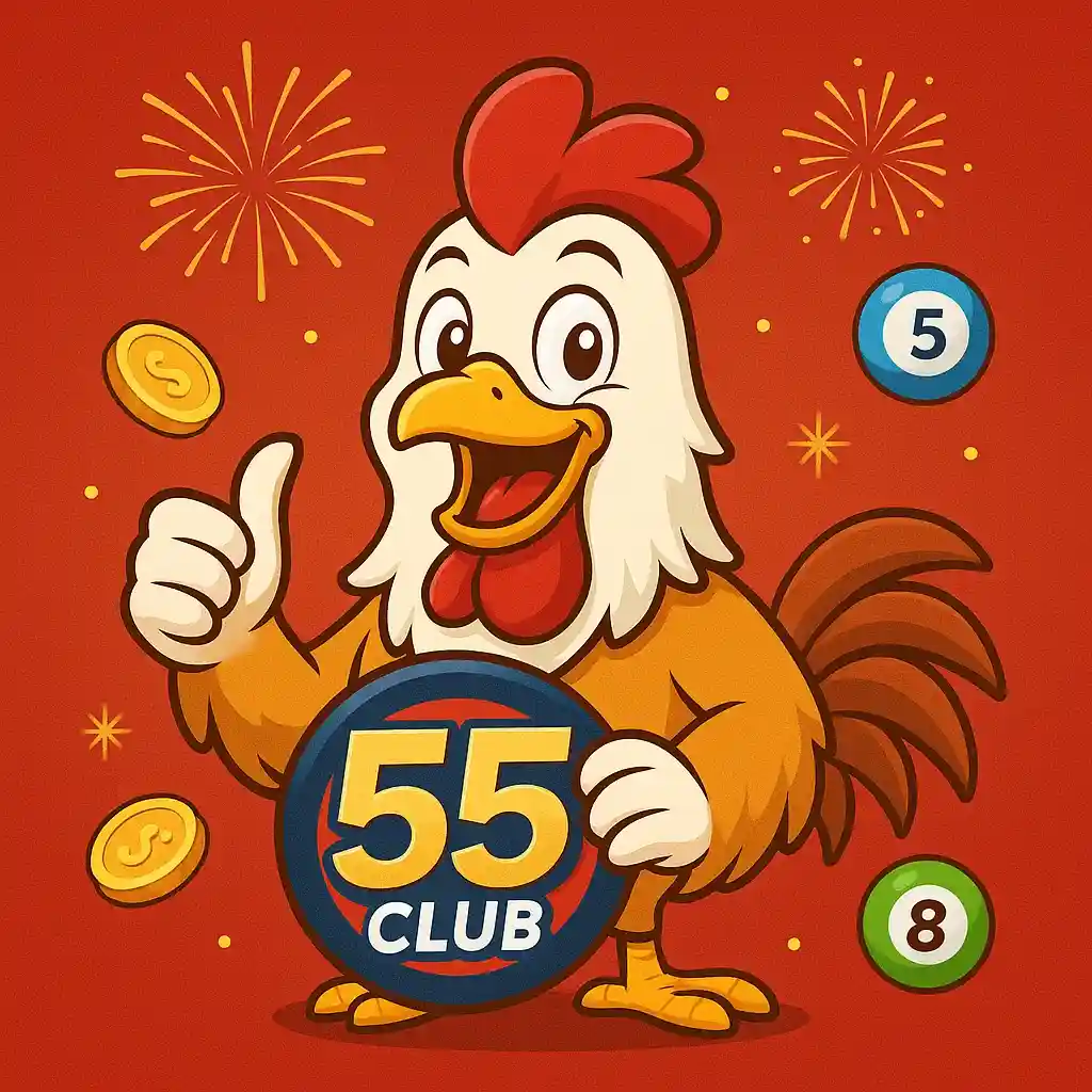 Cartoon rooster mascot holding 55 Club logo with flying coins and fireworks