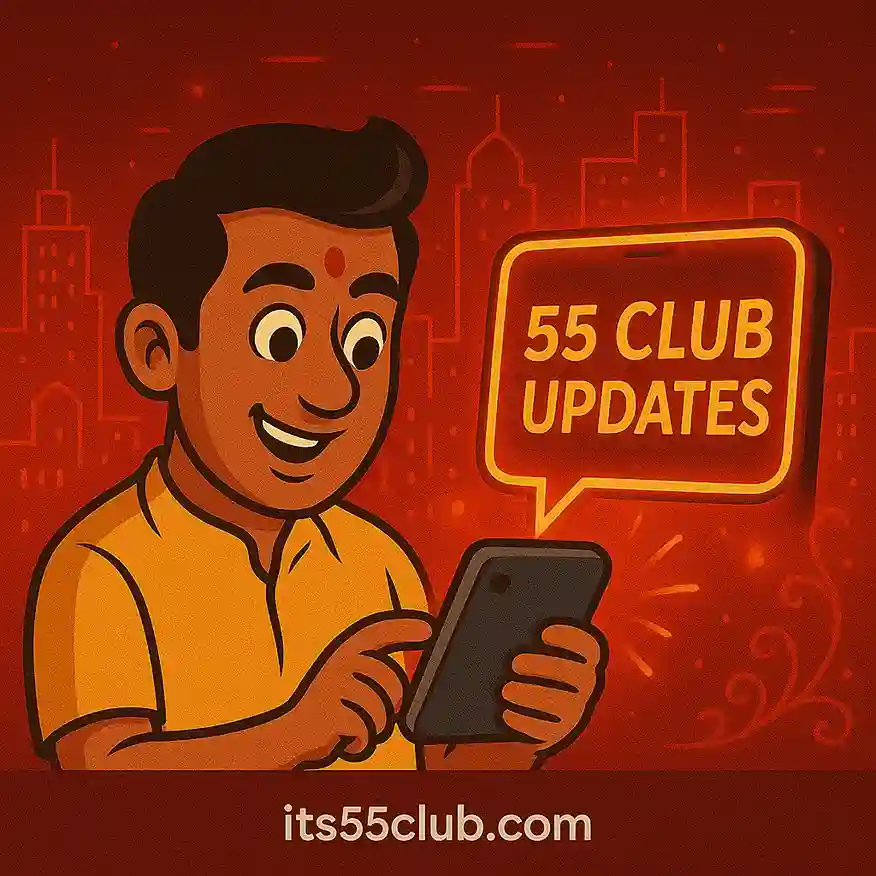 कार्टून भारतीय खिलाड़ी लाल नीऑन शहरी क्षितिज पृष्ठभूमि के साथ स्मार्टफोन पर 55 क्लब अपडेट पढ़ रहा है