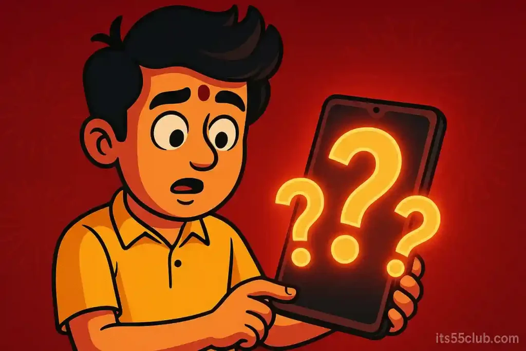 Cartoon Indian player checking 55 Club FAQ on smartphone with glowing red question marks background