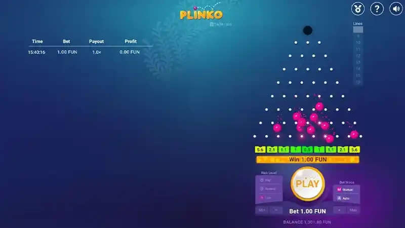Plinko game board with bouncing ball and payout slots at the bottom